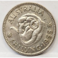 AUSTRALIA 1955 . ONE 1 SHILLING . VARIETY . DOTS IN HORN